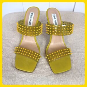 Steve Madden Lunna Yellow Green Spiked Studded Square Toe High Heel Mules 7M Y2k